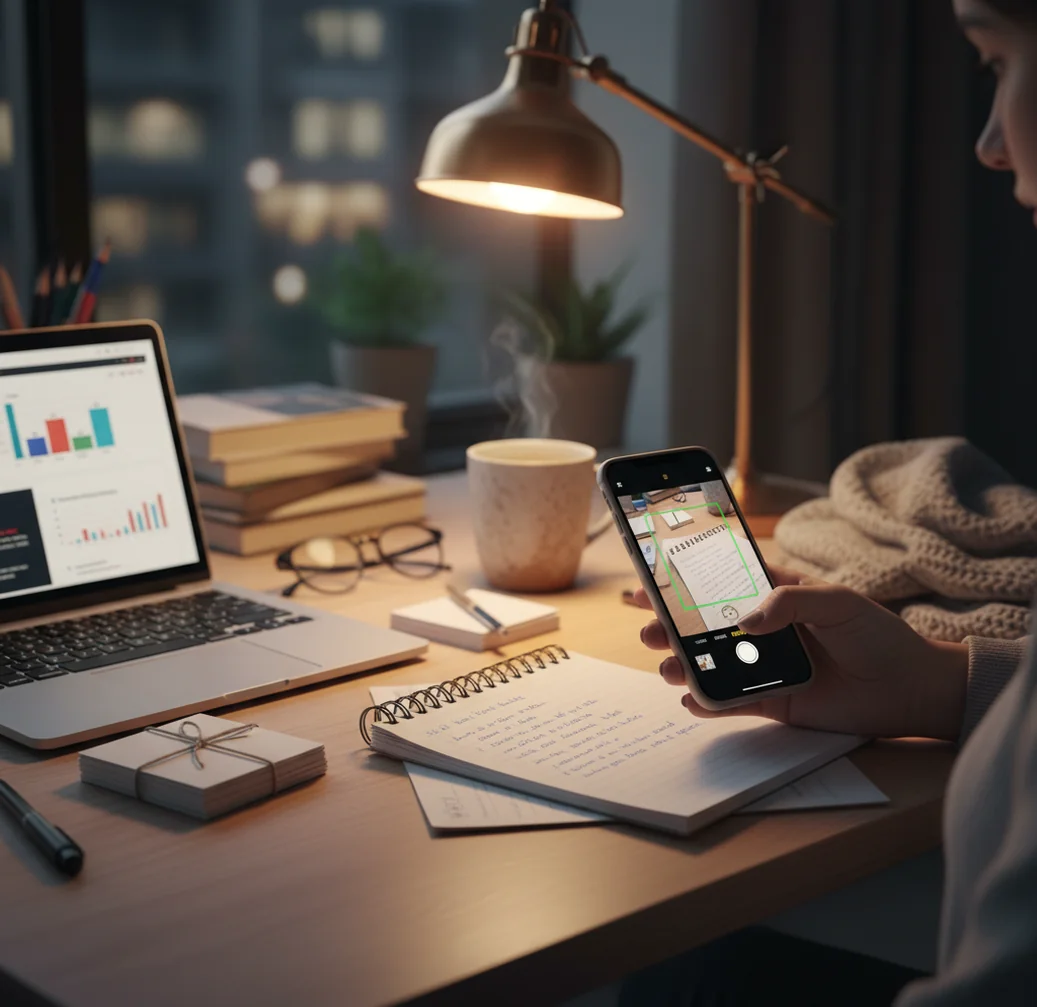 Student turning handwritten notes into flashcards on phone beside open textbook, lamp-lit.