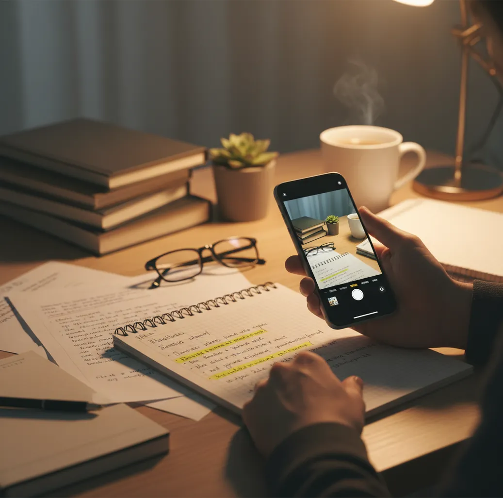 Student turning handwritten notes into a clean study guide on a phone and laptop
