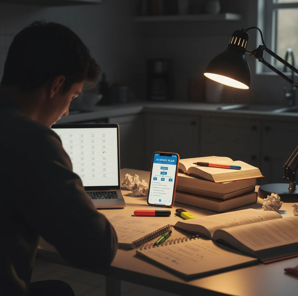 Student reviewing AI-made flashcards and a study plan beside a laptop at night