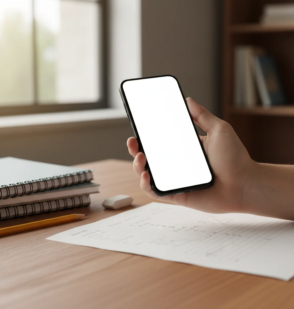 Student photographing a workbook equation on a desk in window light