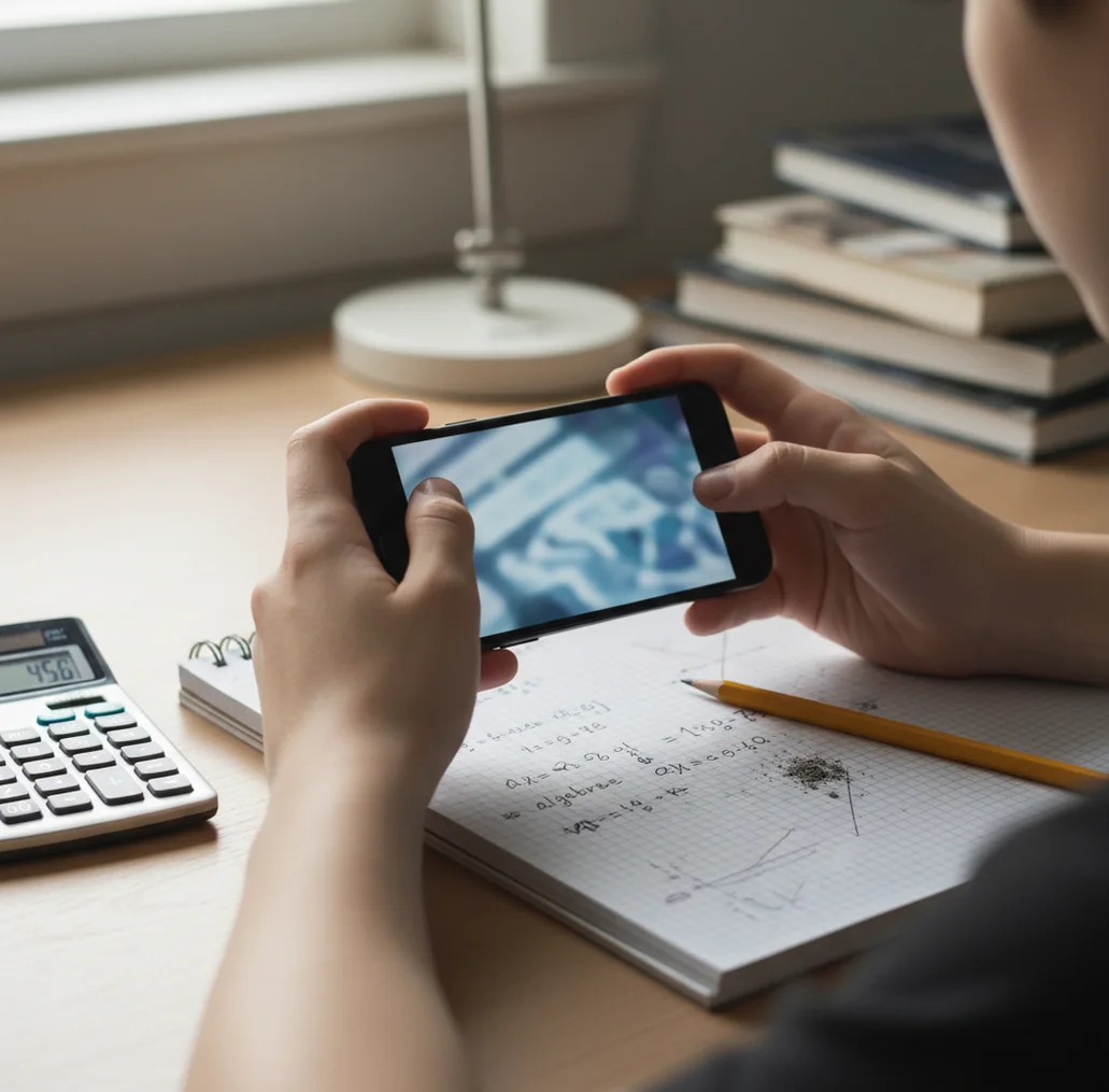 Student checking algebra steps on phone beside notebook with scratched-out equations and pencil
