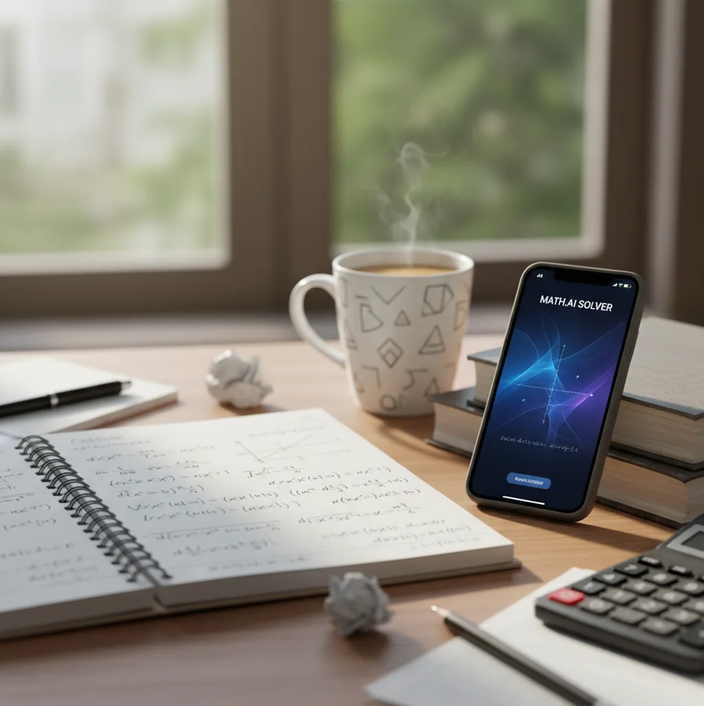 Student checking a derivative solution on phone beside a notebook of integrals