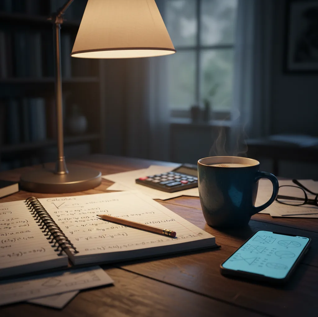 Student reviewing a differential equation notebook beside a phone showing a solved ODE step list