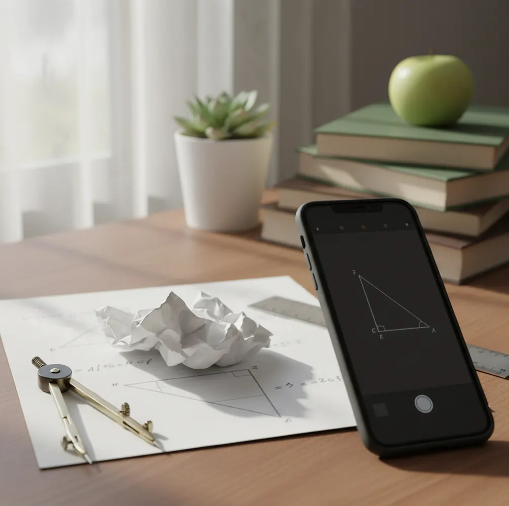 Student photographing a geometry diagram on notebook paper beside a ruler and compass