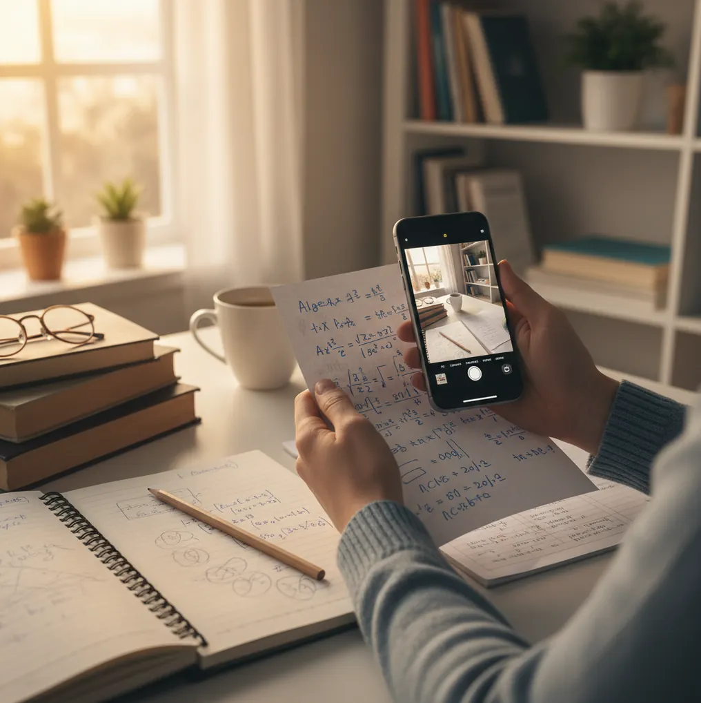 Student using a phone to scan a math problem beside a notebook and calculator