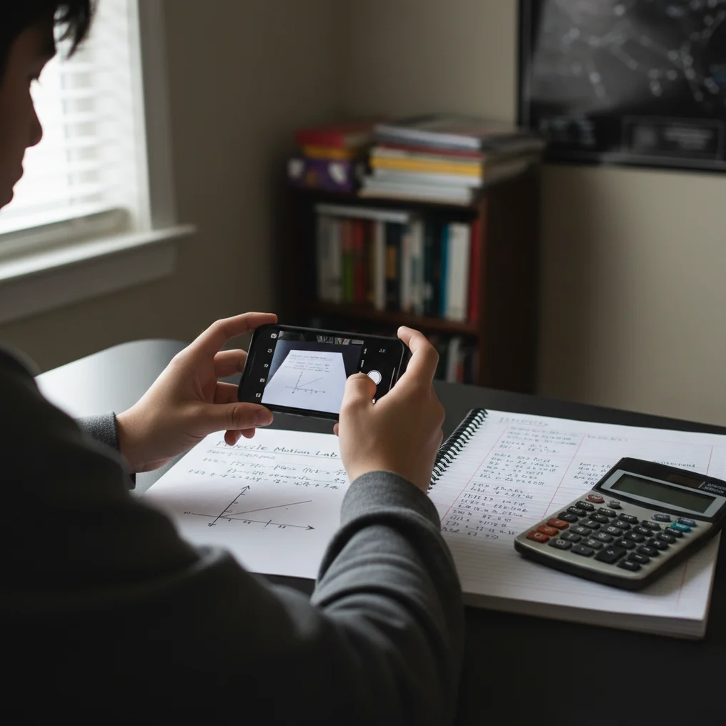Student photographing a physics problem and checking units beside a notebook and calculator