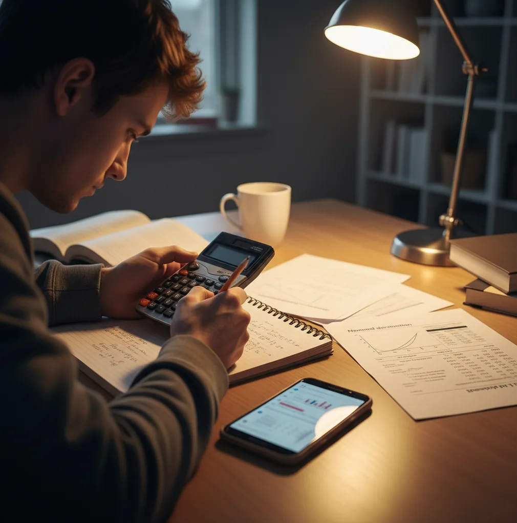 Student reviewing a probability table while scanning a stats worksheet with a phone camera