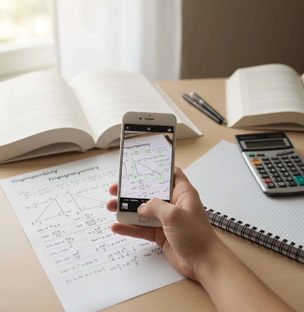 Student scanning a trigonometry problem on paper using a phone in natural light
