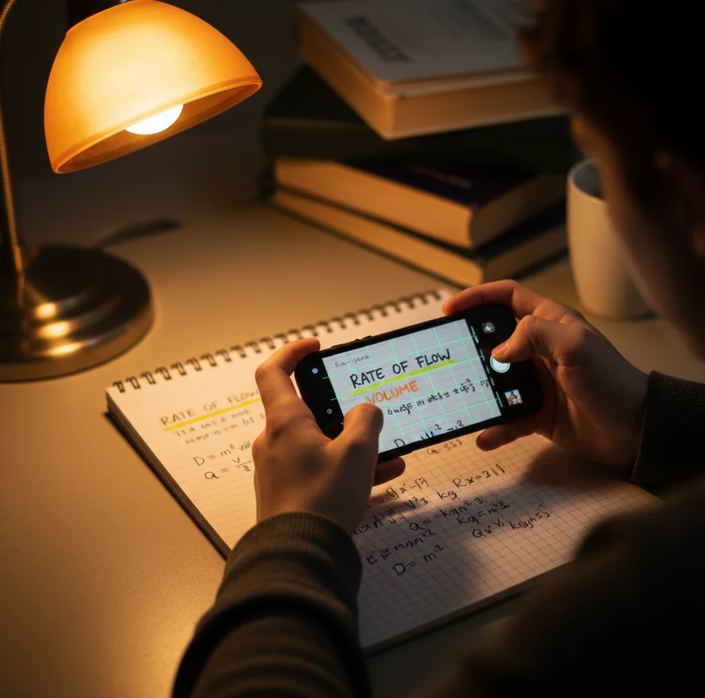 Student rewriting a word problem into equations beside a notebook and phone camera.