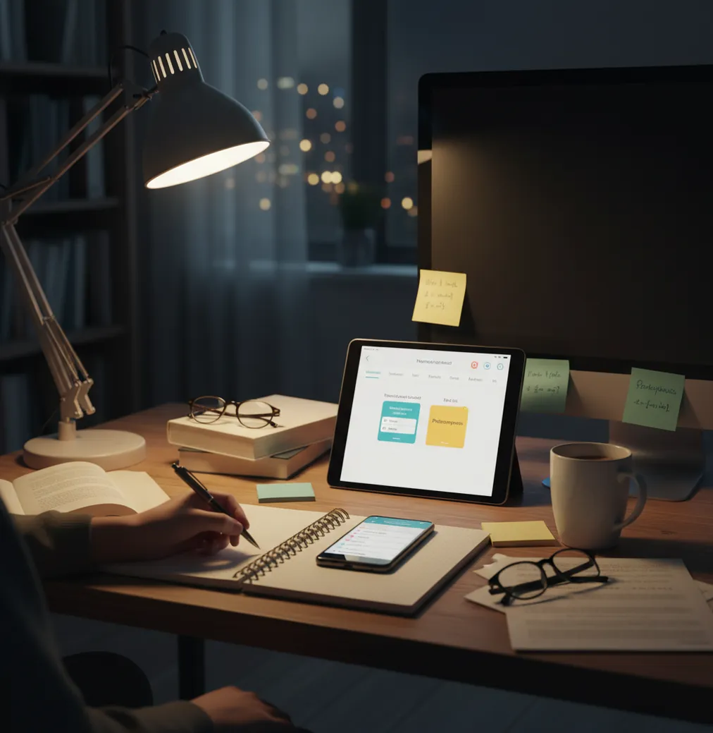Student reviewing AI-made flashcards and a checklist at a quiet desk before an exam