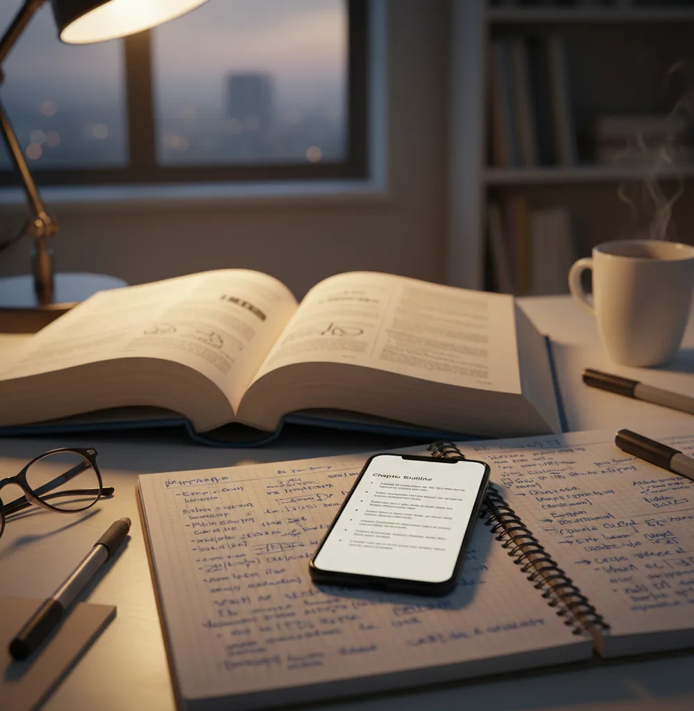 Student turning a thick textbook chapter into a short study guide on a phone