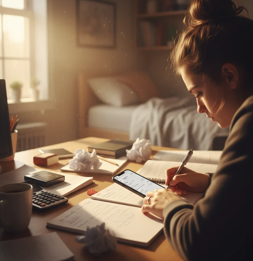 Student reviewing notes while checking an AI-generated solution on a phone at desk