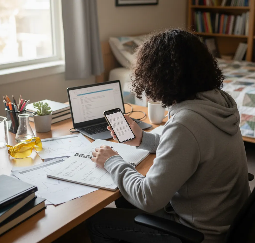 Student drafting a lab report with data table and AI helper on a phone