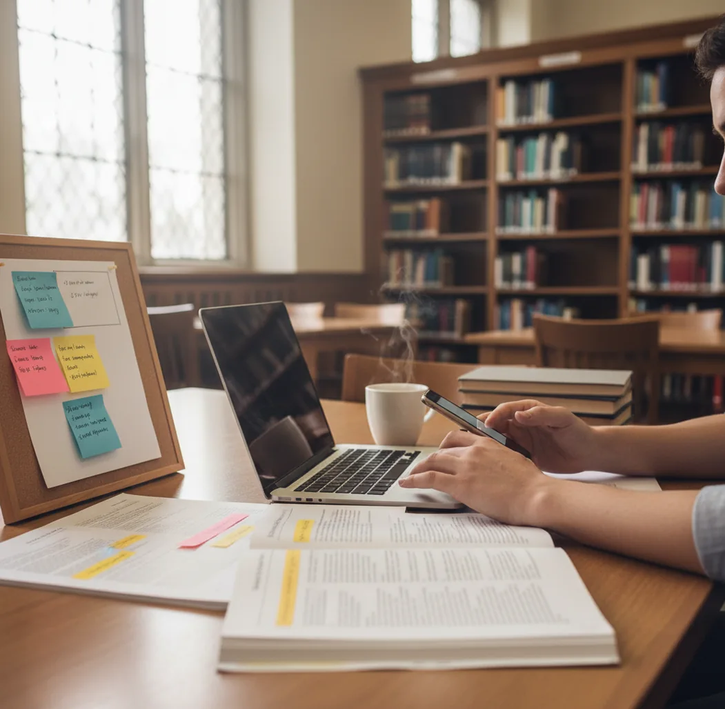Student outlining a research paper with AI assistance and open journal articles nearby