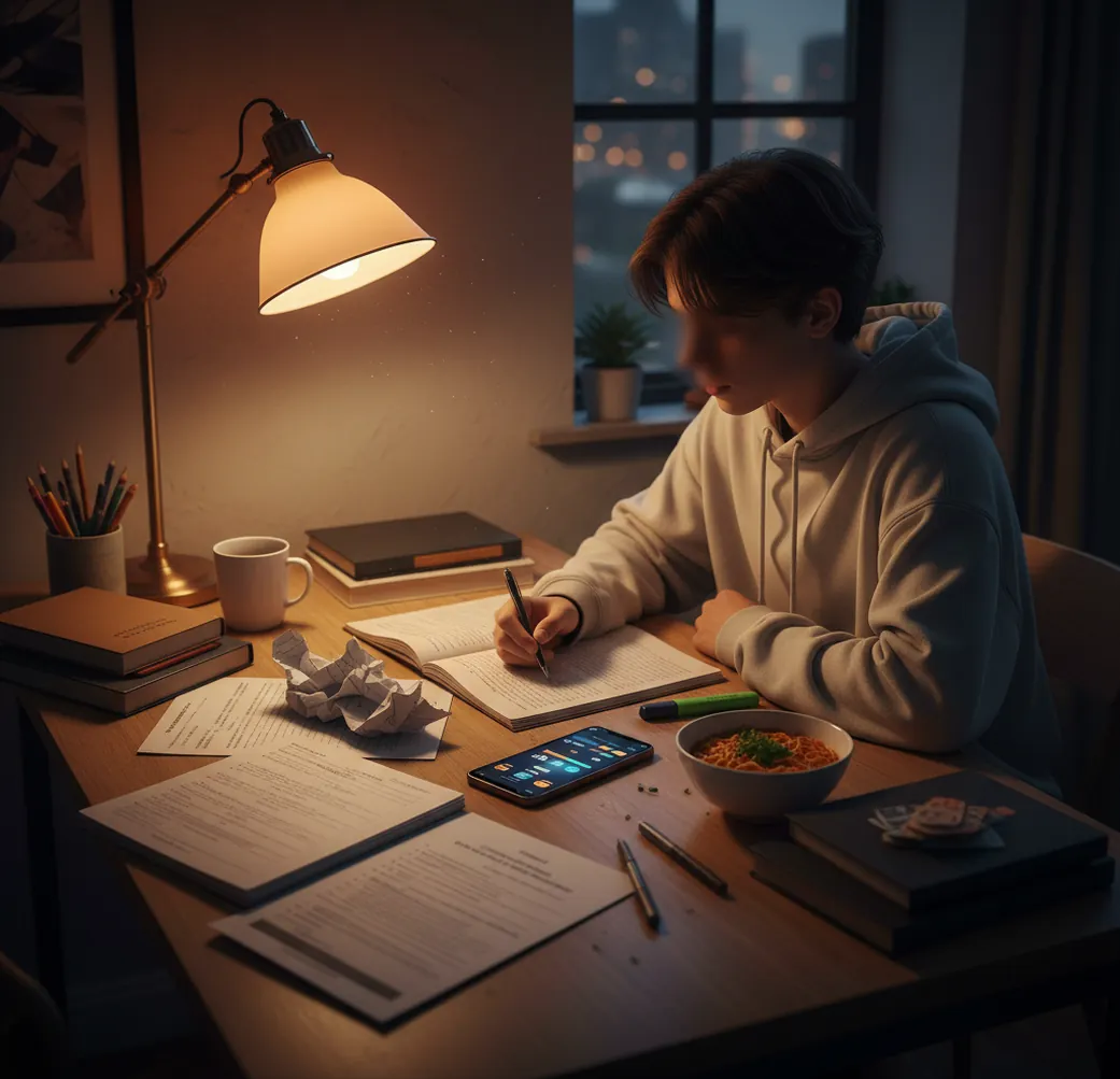 Student reviewing homework policy while comparing AI help notes and final submitted answers