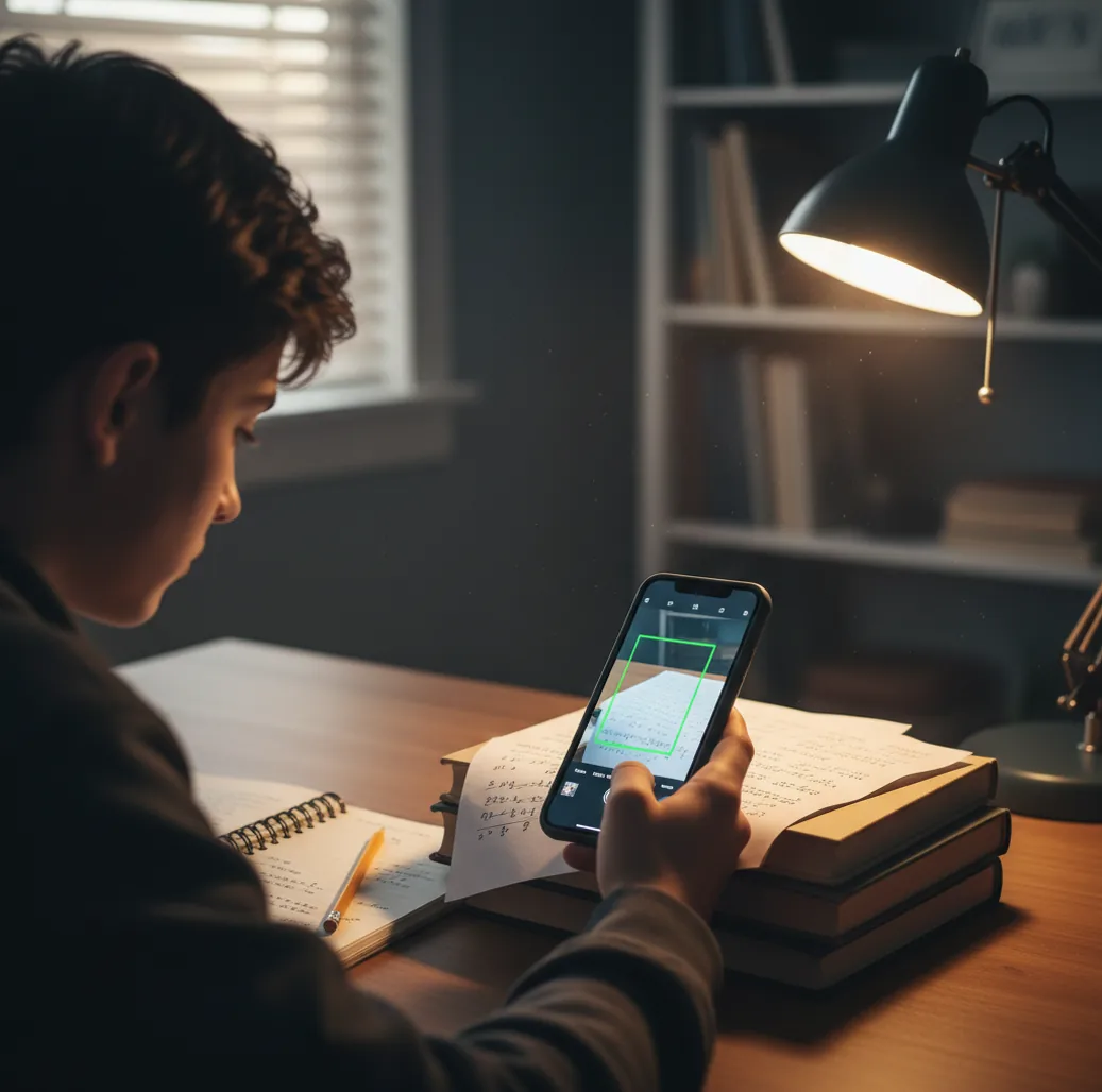 Student scanning a worksheet with a phone while notes and calculator sit nearby