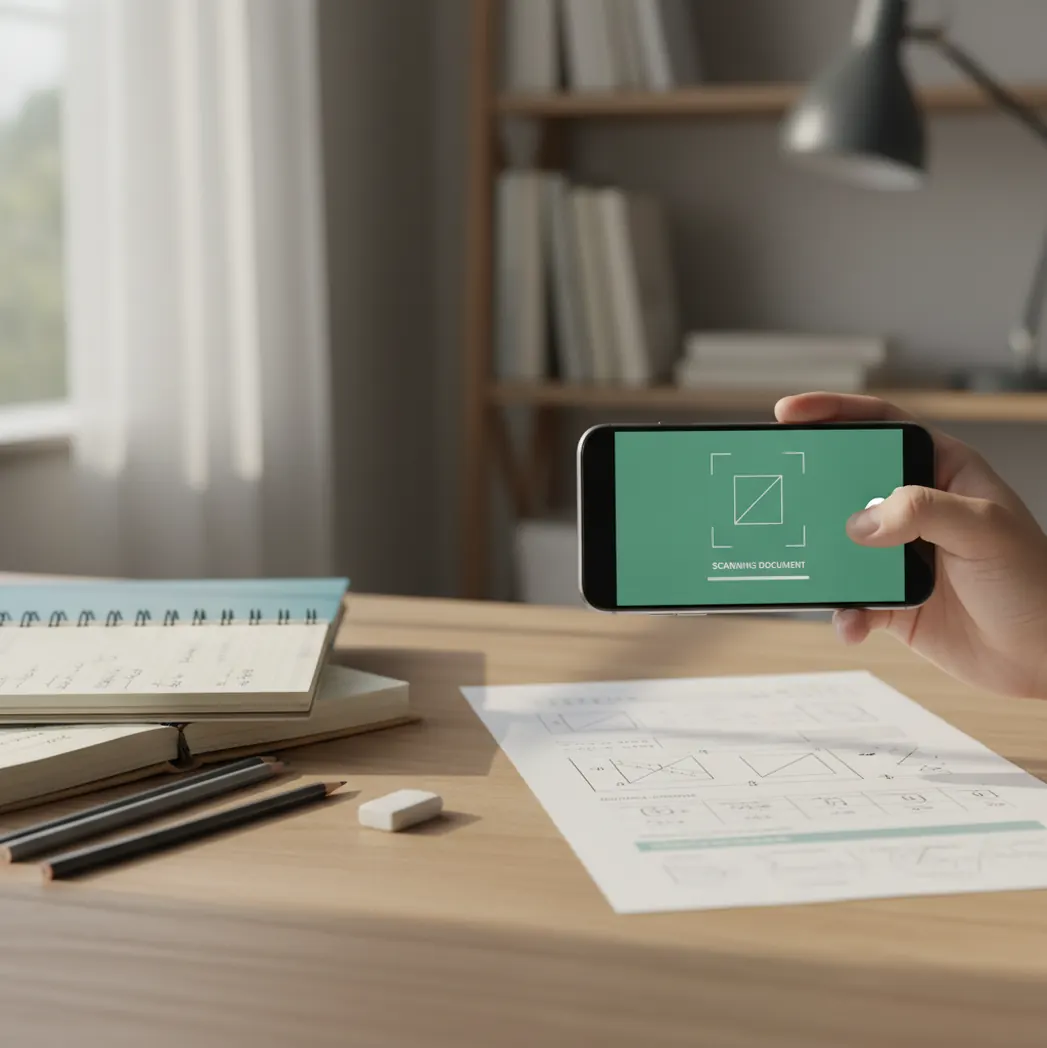 Student scanning a math worksheet with a phone on a desk at home