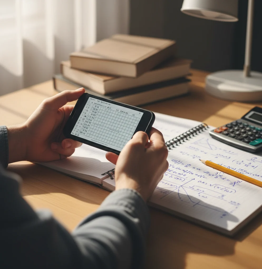 Student checking step-by-step algebra solution on phone beside notebook and pencil
