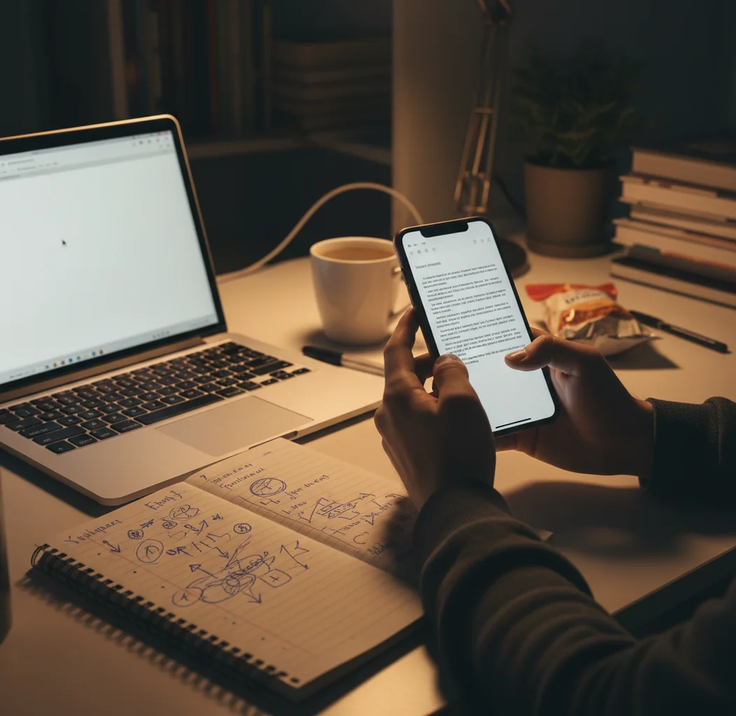 Student revising an essay draft on a phone with notes and a laptop nearby