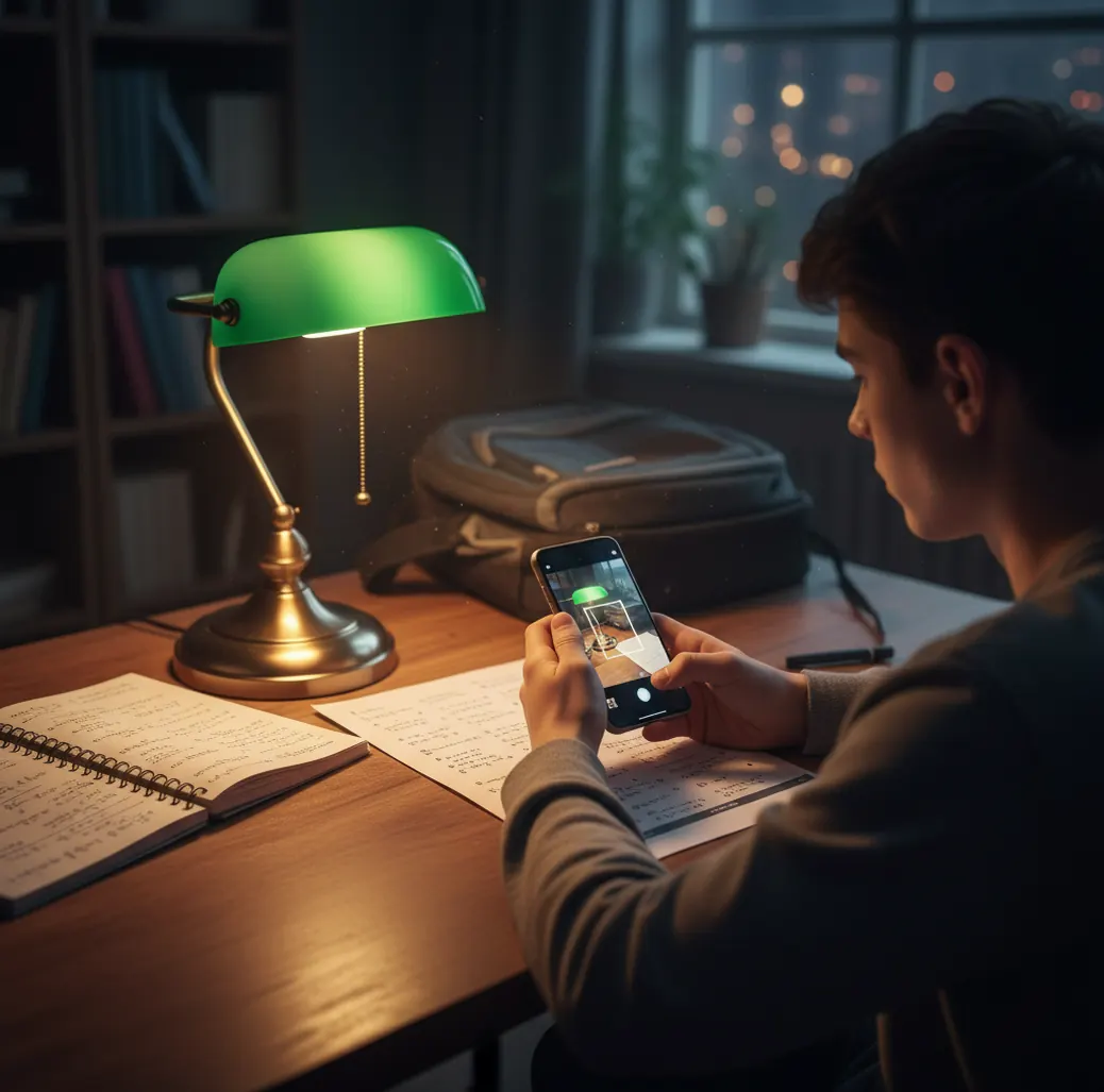 Student using a phone to solve algebra homework with notebook and pencil nearby