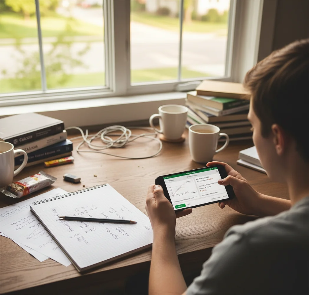 Student comparing two math AI apps on phone while checking notebook steps
