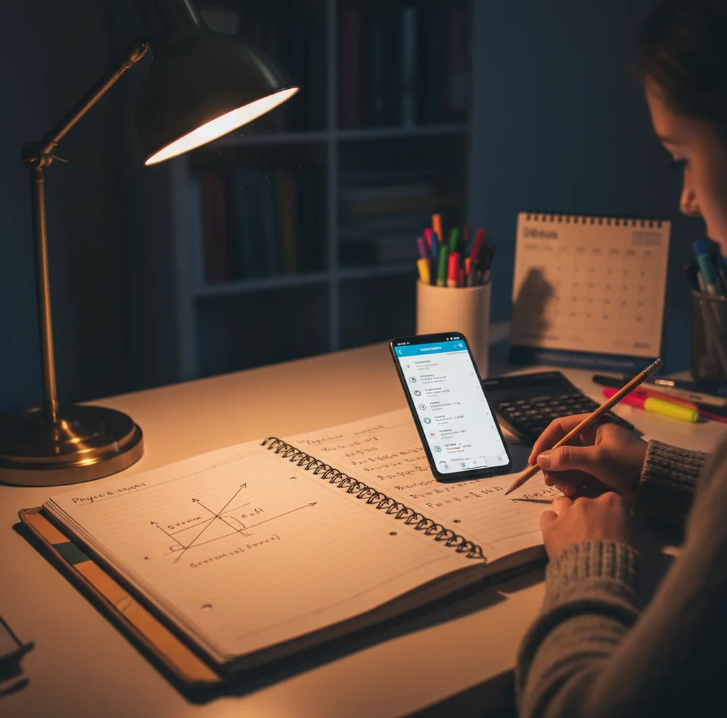Student checking a free-body diagram on a phone beside a physics notebook