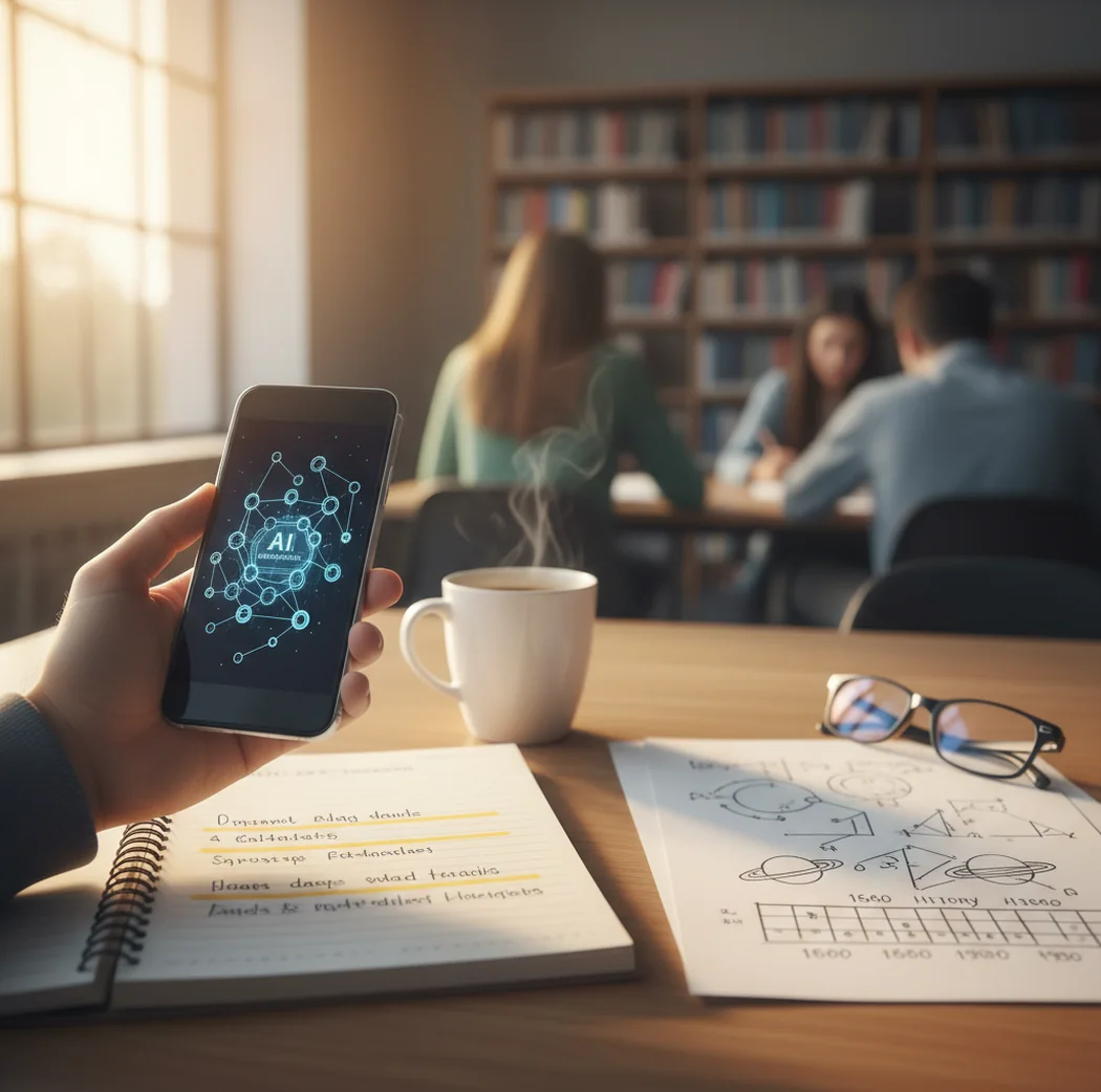 Student checking a phone explanation while highlighting notes at a quiet library desk