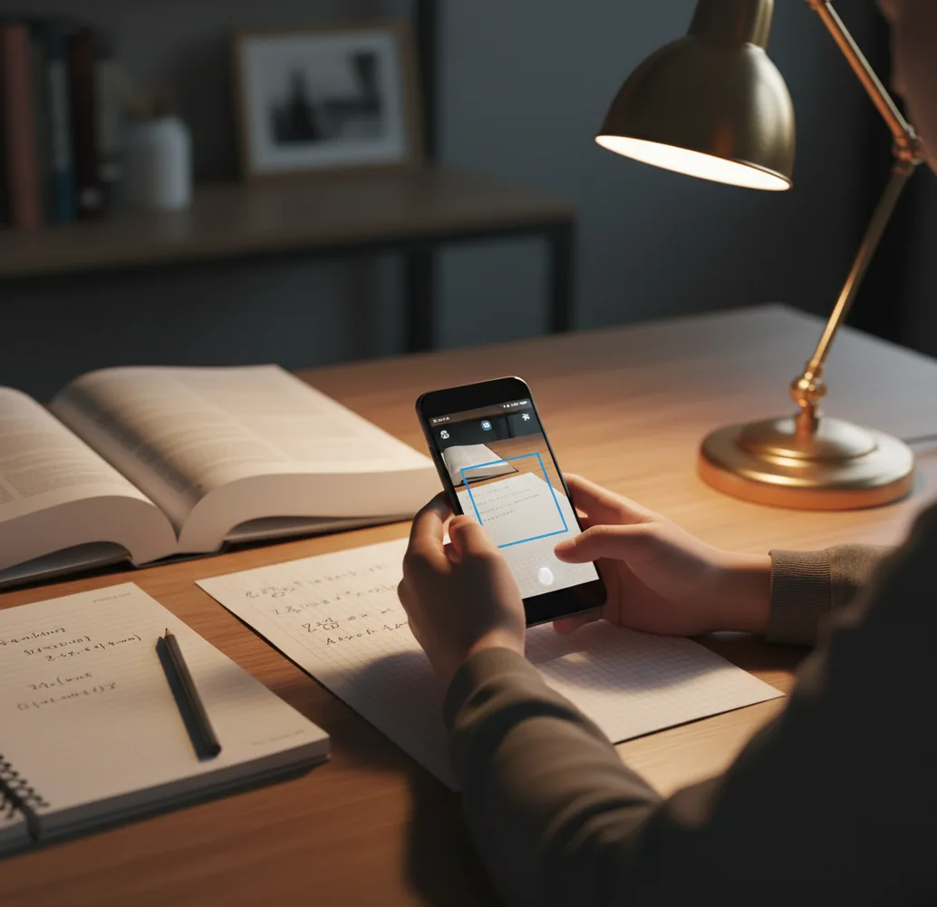 Student checking math and writing answers on phone with open notebook beside laptop