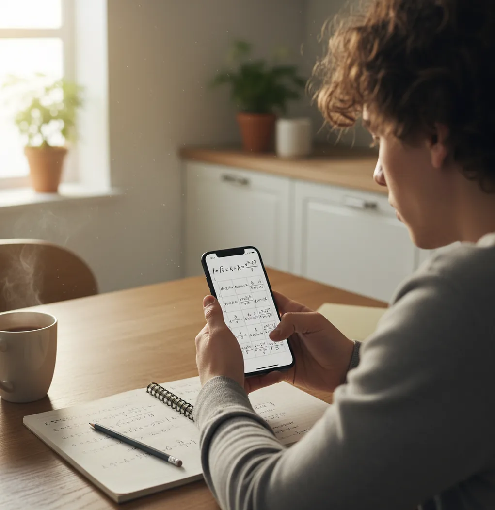 Student checking a step-by-step math solution on a phone beside a notebook