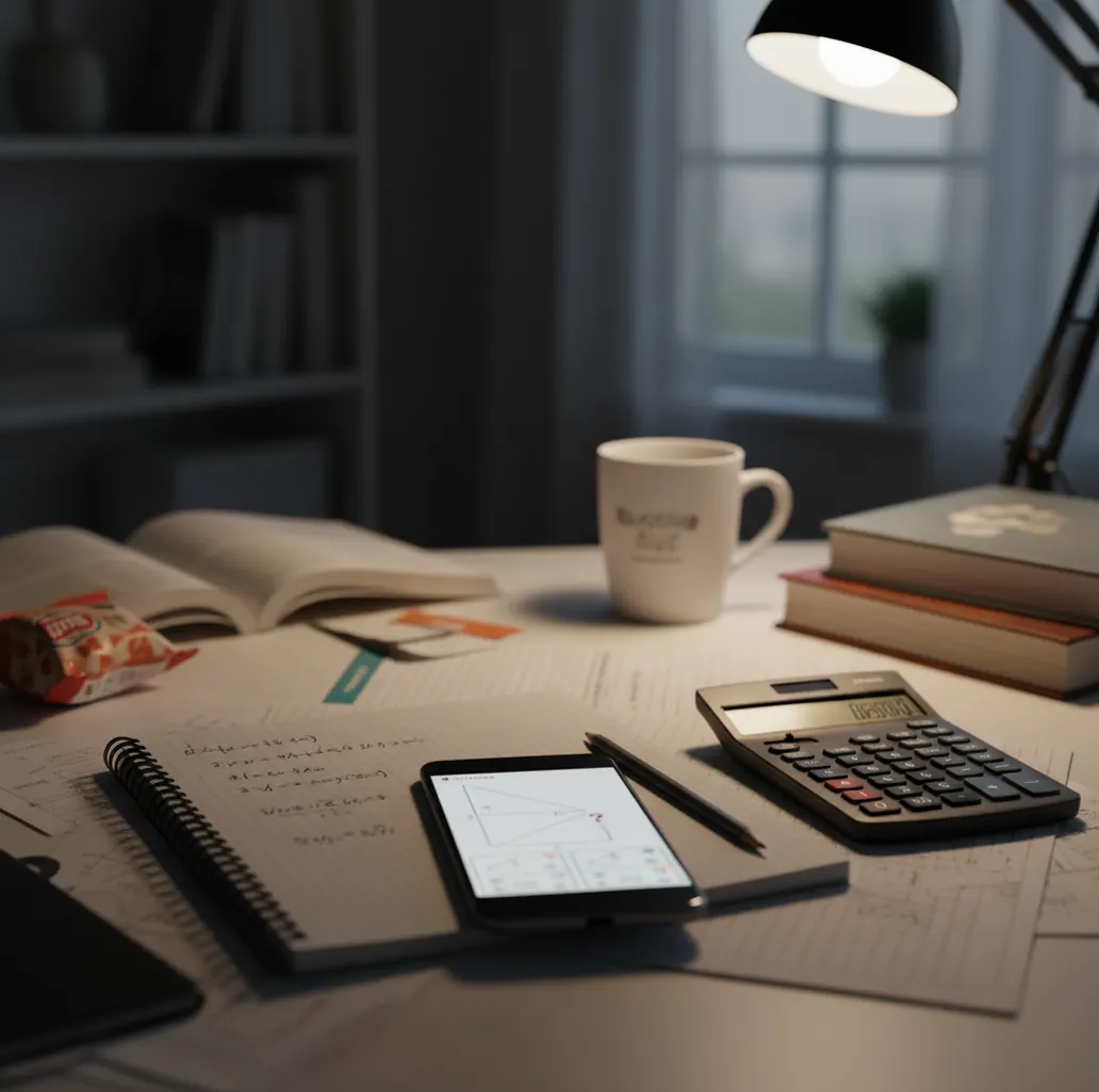 Student at desk using phone to solve homework with notebook and calculator nearby