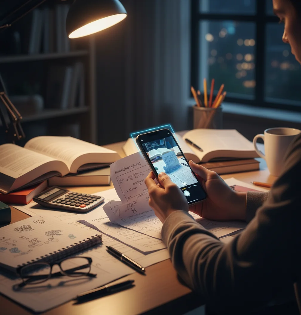 Student using a phone to scan an algebra problem at a desk lamp