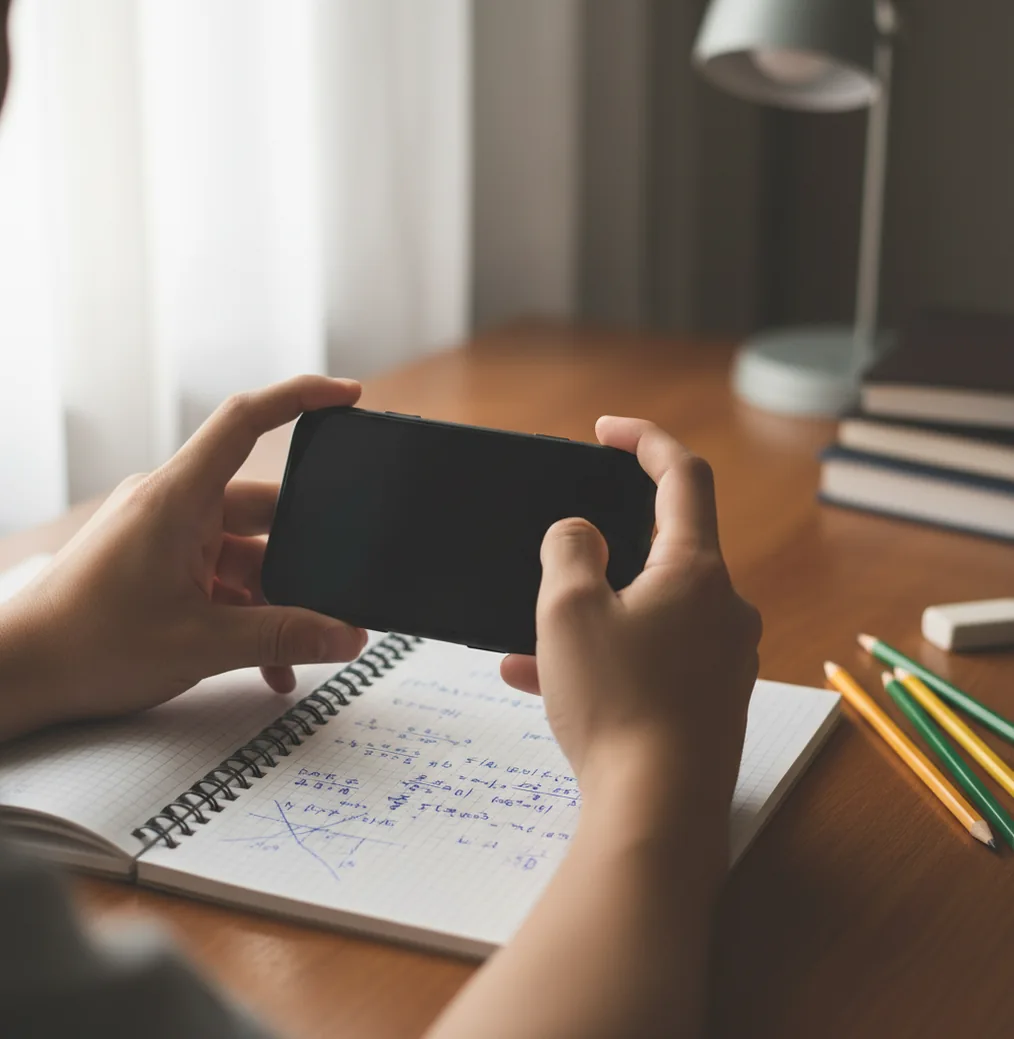 Student photographing a handwritten algebra problem on paper beside a notebook and pencil