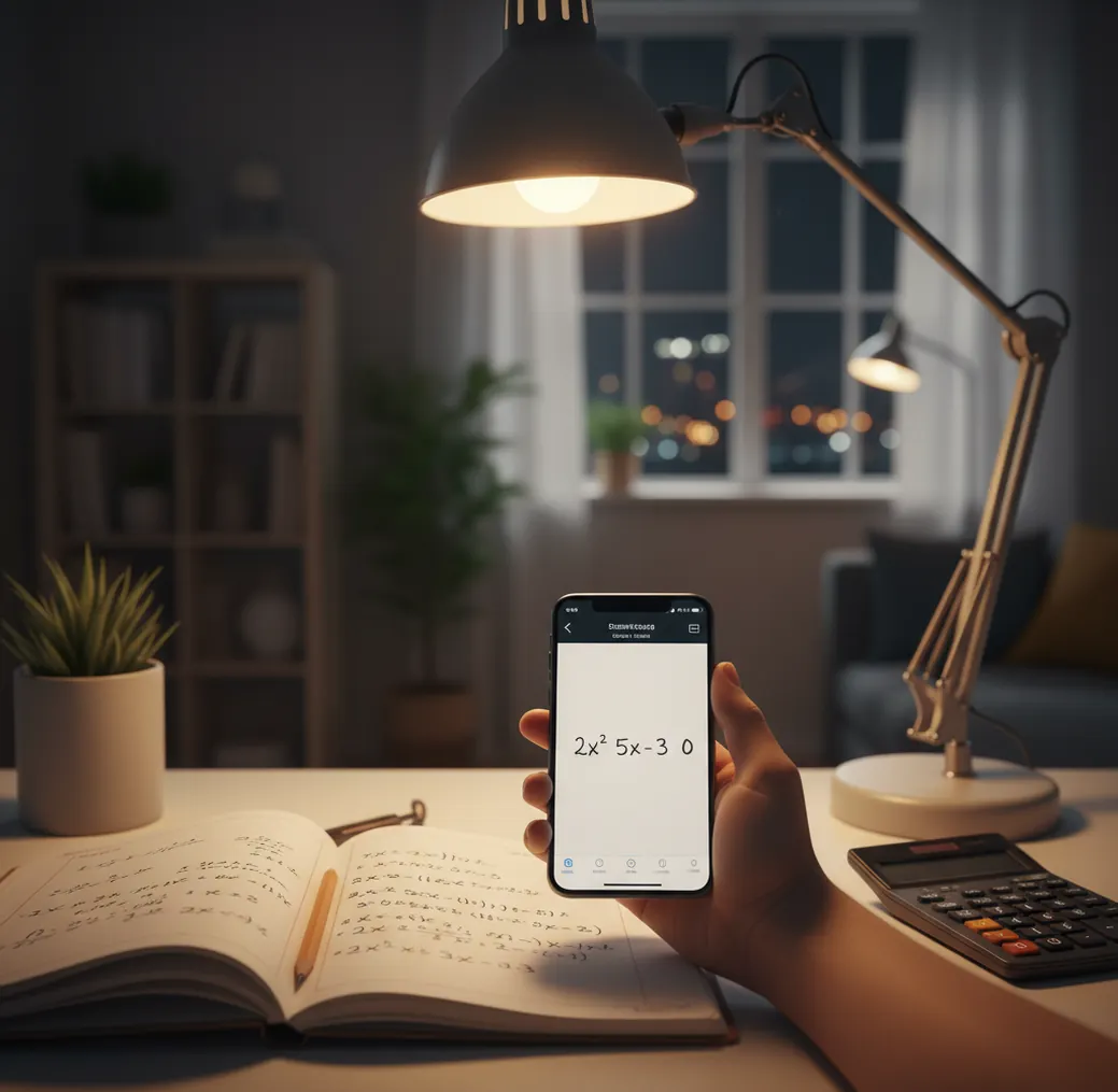 Student checking algebra steps on a phone beside a notebook and calculator at dusk